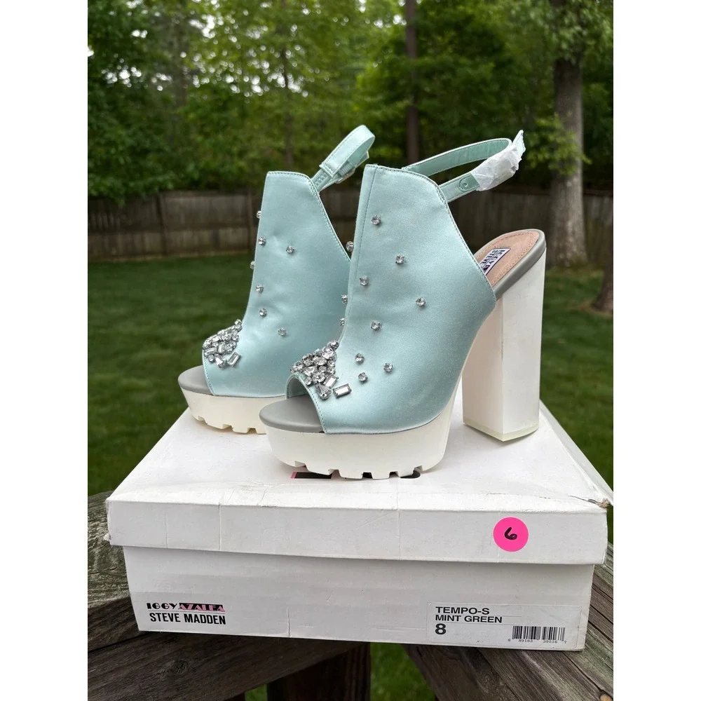Steve Madden‎ Iggy Azalea Tempo-S Mint Green Satin Rhinestone Platform Heels 8M